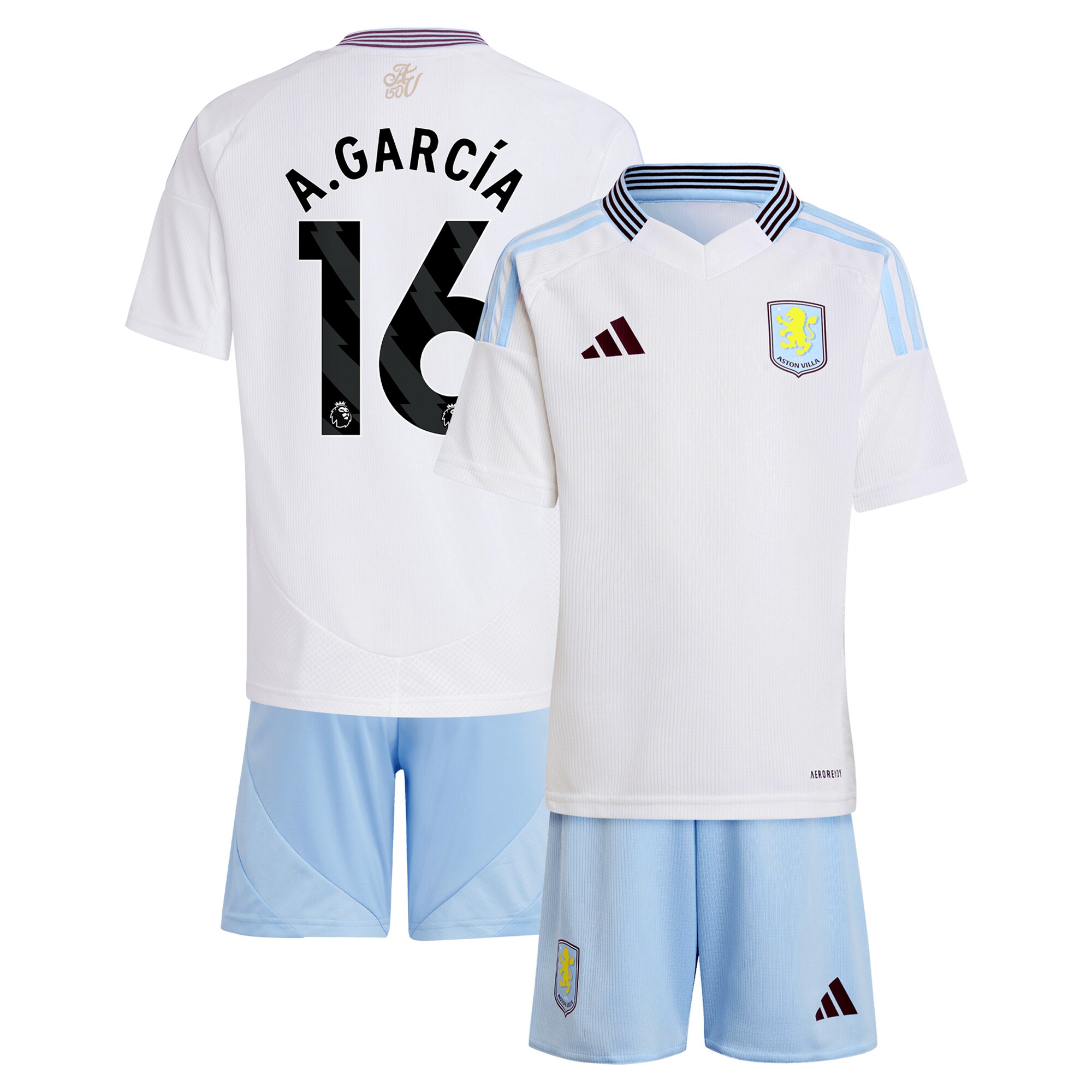 Aston Villa Jerseys - Official aston villa adidas away mini kit 2024-25 with a.garcía 16 printing Collection for AVFC Fans