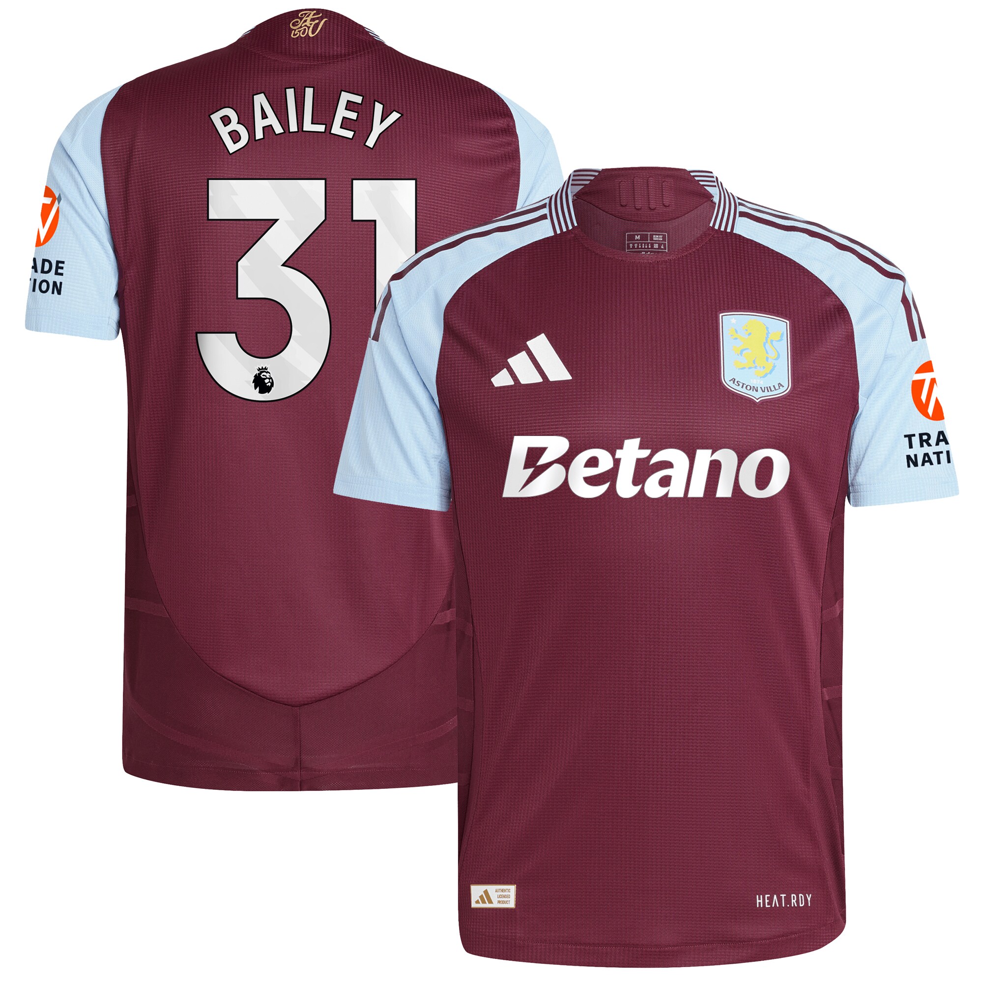 Aston Villa Jerseys - Official aston villa adidas home authentic shirt 2024-25 with bailey 31 printing Collection for AVFC Fans
