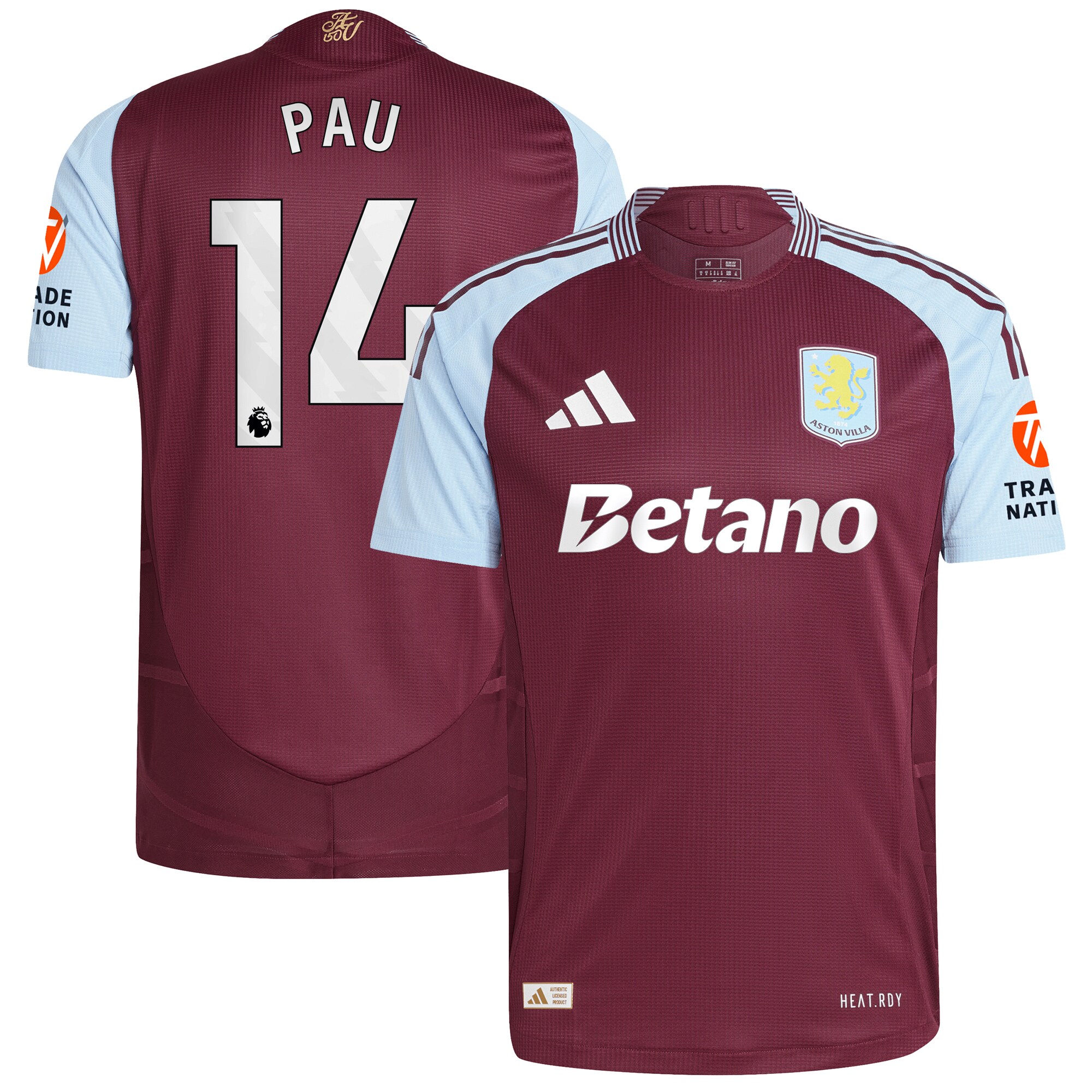Aston Villa Jerseys - Official aston villa adidas home authentic shirt 2024-25 with pau 14 printing Collection for AVFC Fans