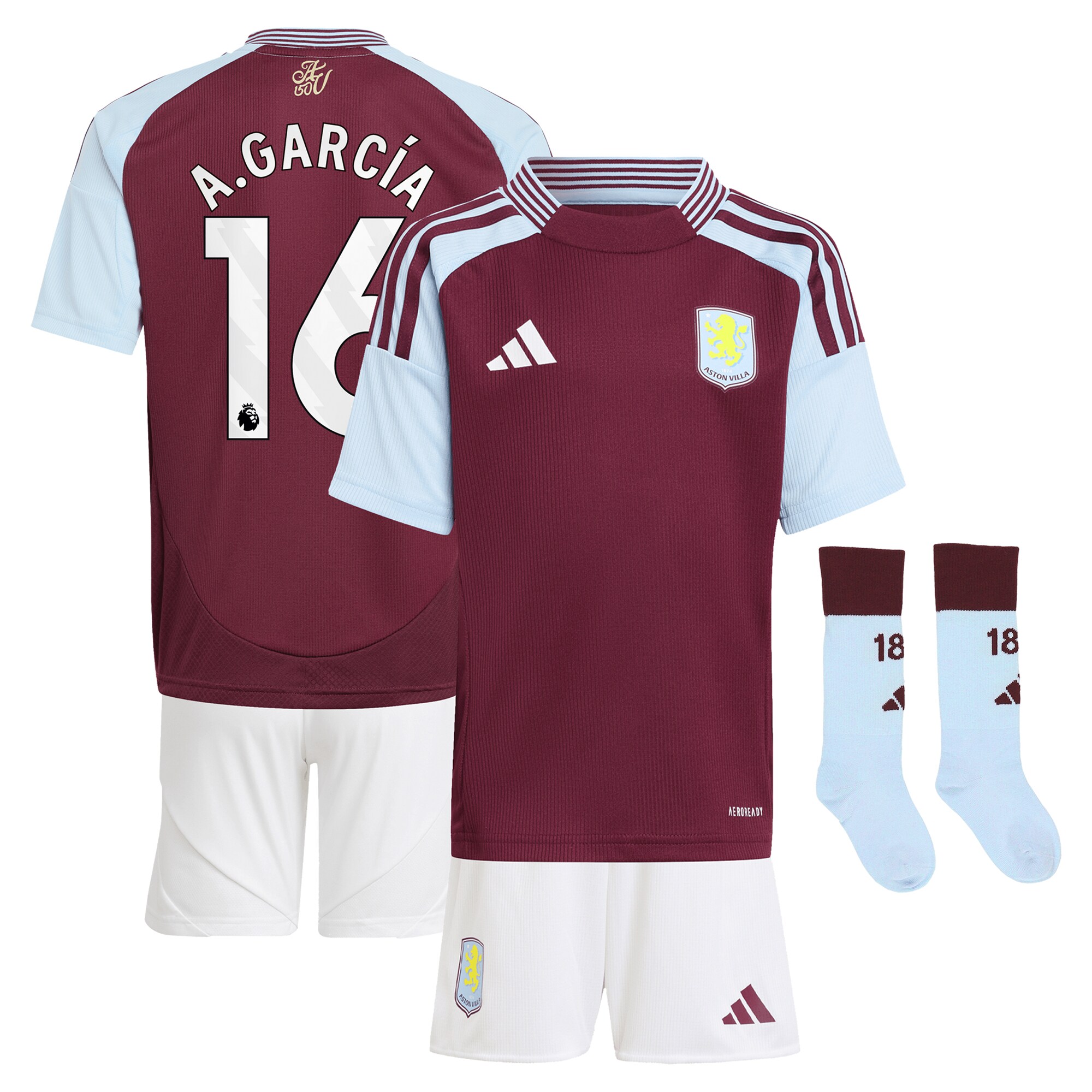Aston Villa Jerseys - Official aston villa adidas home mini kit 2024-25 with a.garcía 16 printing Collection for AVFC Fans