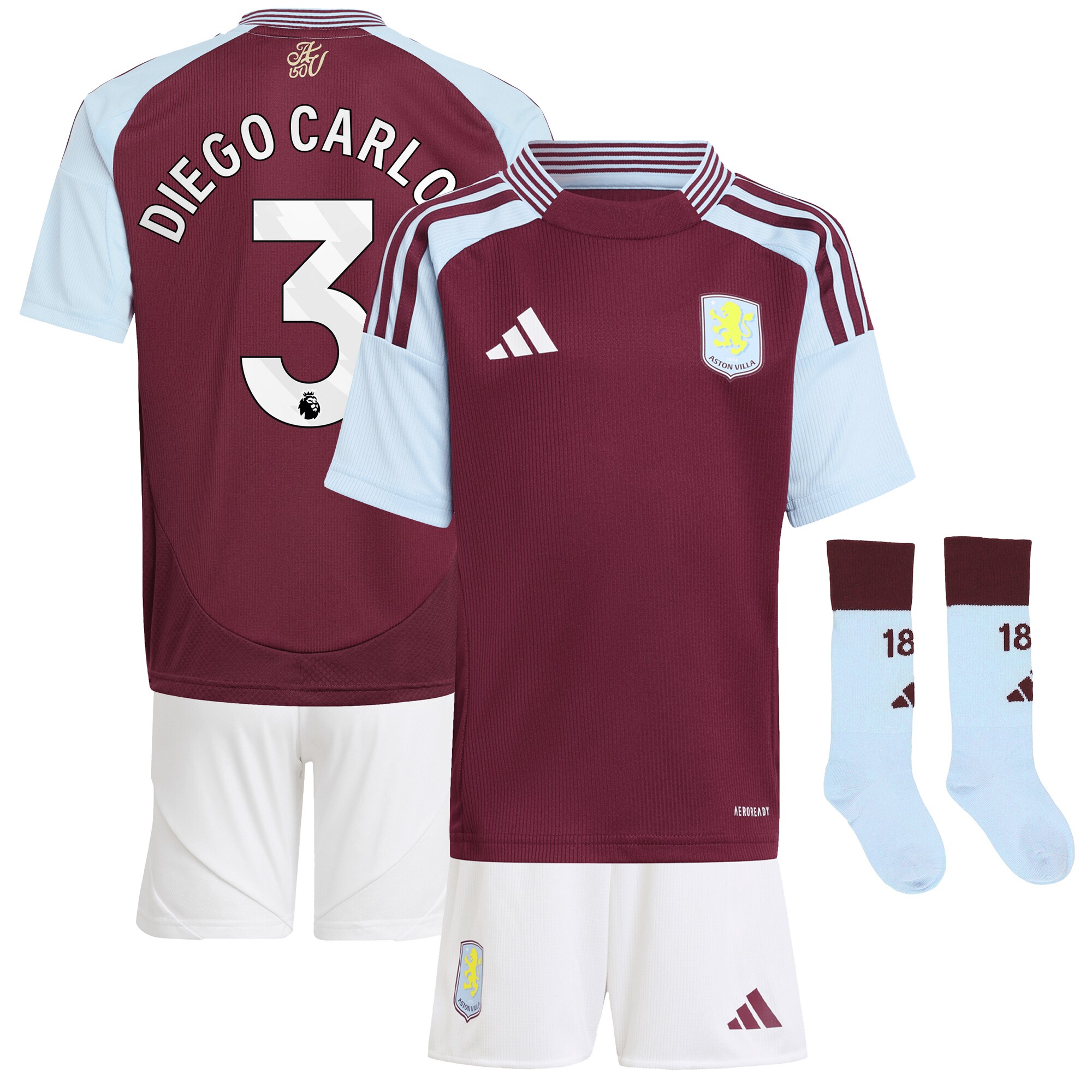 Aston Villa Jerseys - Official aston villa adidas home mini kit 2024-25 with diego carlos 3 printing Collection for AVFC Fans