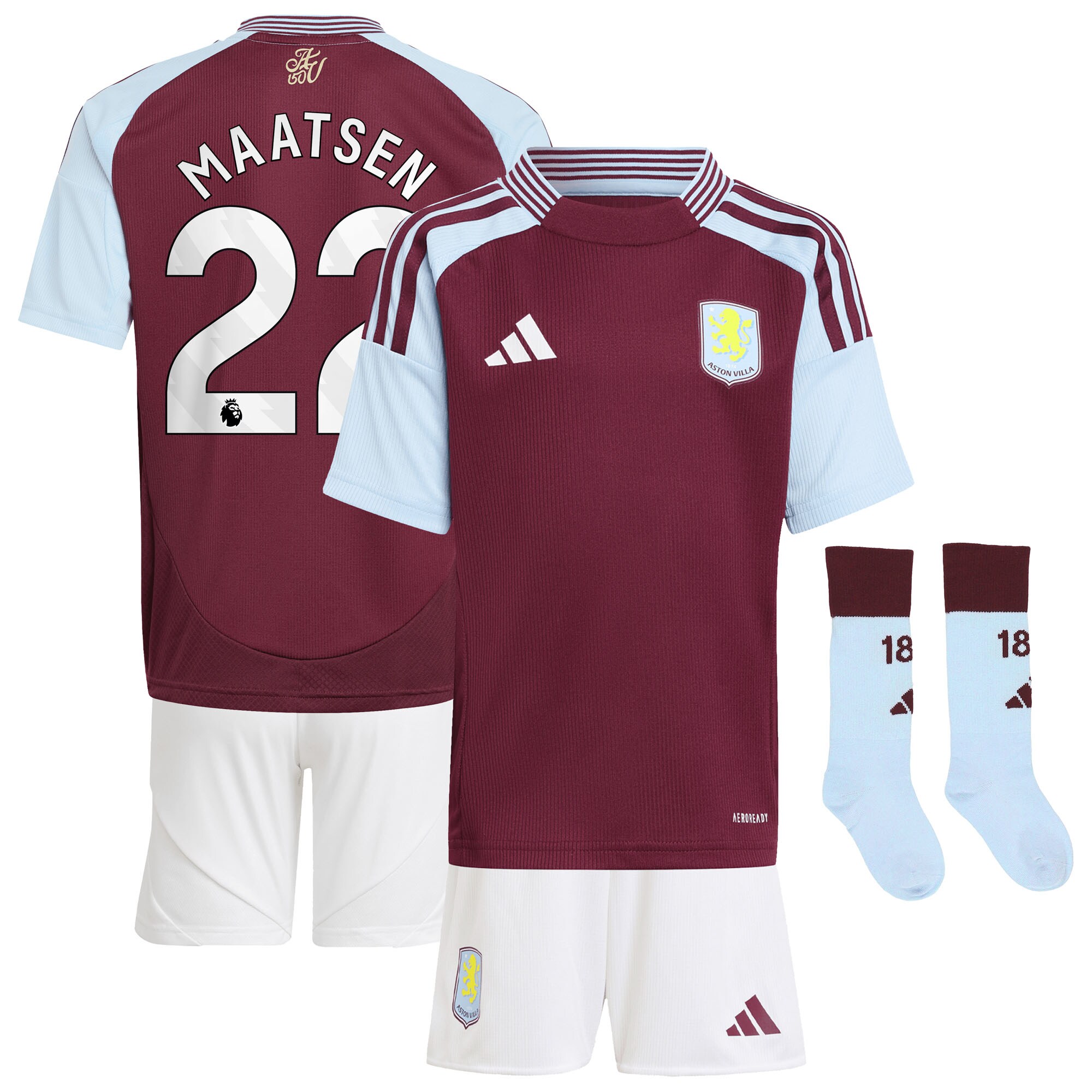 Aston Villa Jerseys - Official aston villa adidas home mini kit 2024-25 with maatsen 22 printing Collection for AVFC Fans