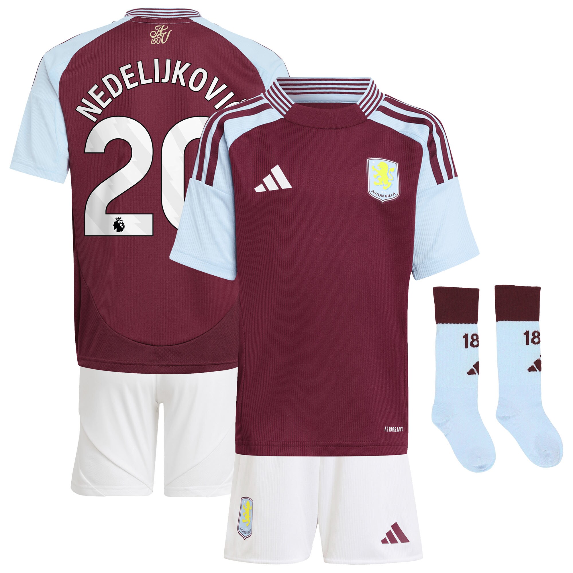Aston Villa Jerseys - Official aston villa adidas home mini kit 2024-25 with nedeljković 20 printing Collection for AVFC Fans