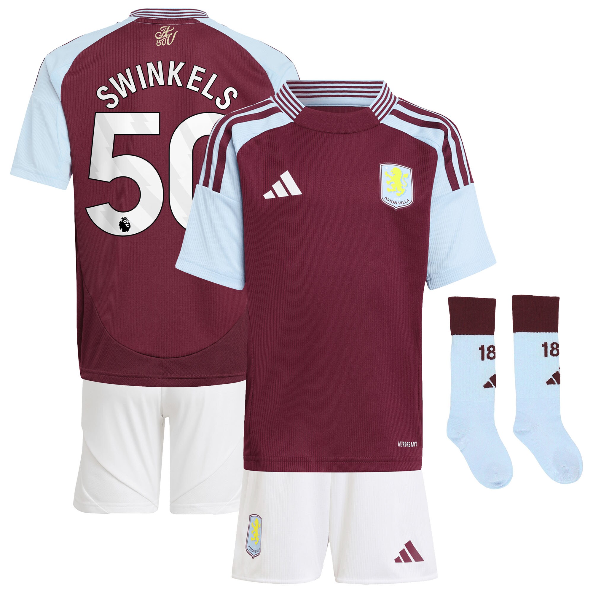 Aston Villa Jerseys - Official aston villa adidas home mini kit 2024-25 with swinkels 50 printing Collection for AVFC Fans