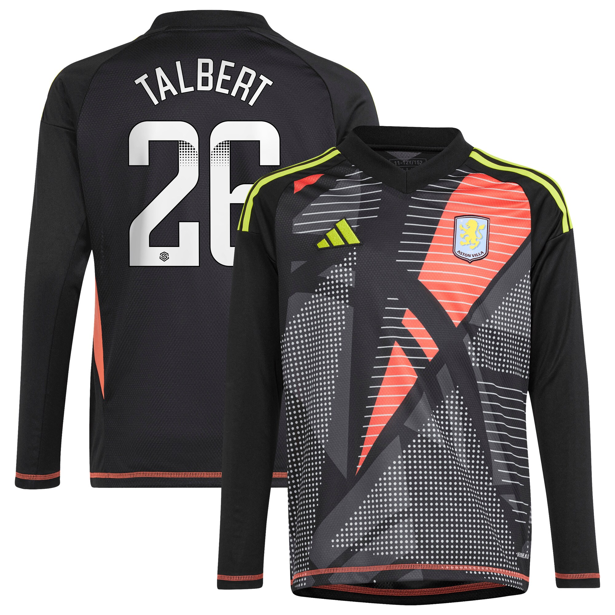 Aston Villa Jerseys - Official aston villa wsl adidas goalkeeper shirt 2024-25 – long sleeve – kids with talbert 26 printing Collection for AVFC Fans